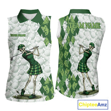 Load image into Gallery viewer, Funny Womens Golf Sleeveless Polo Shirt Custom Green Argyle Pattern Golf Ball Personalized Skull Golf Shirts NYN3100