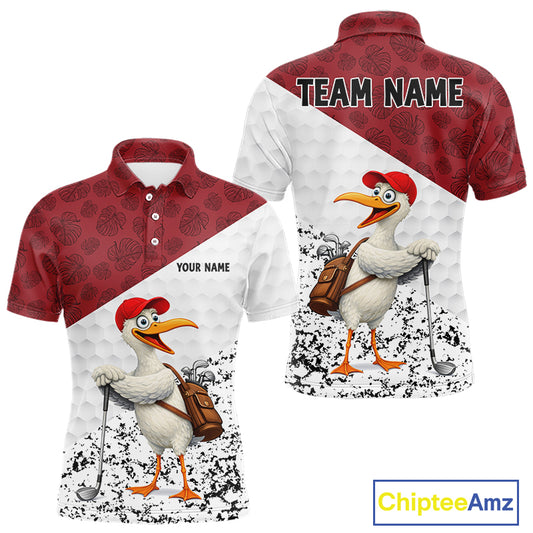 Funny Duck Golfer Mens Golf Polo Shirt Custom Black Grunge Tropical Team Golf Shirts | Red NYN3101