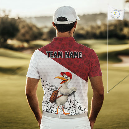 Funny Duck Golfer Mens Golf Polo Shirt Custom Black Grunge Tropical Team Golf Shirts | Red NYN3101