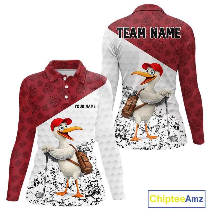 Funny Duck Golfer Womens Golf Polo Shirt Custom Black Grunge Tropical Team Golf Shirts | Red NYN3101