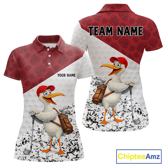 Funny Duck Golfer Womens Golf Polo Shirt Custom Black Grunge Tropical Team Golf Shirts | Red NYN3101