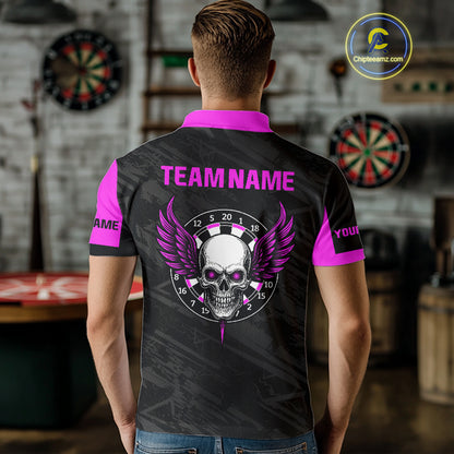 Men's Custom Darts Team Shirt - Purple Wings Skull Dartboard With Grunge Pattern NYN0324
