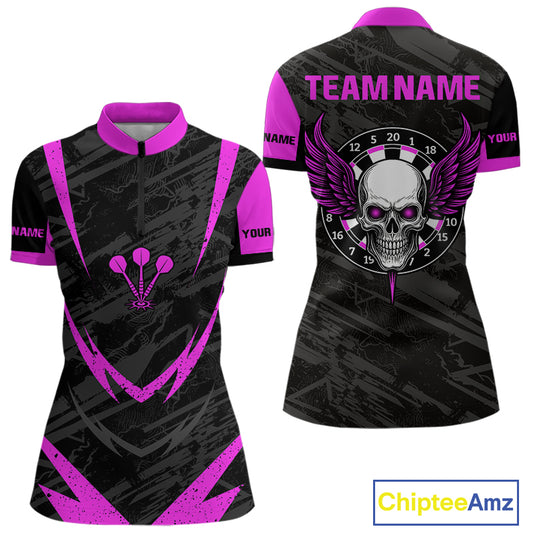 Women's Custom Darts Team Shirt - Purple Wings Skull Dartboard With Grunge Pattern NYN0324