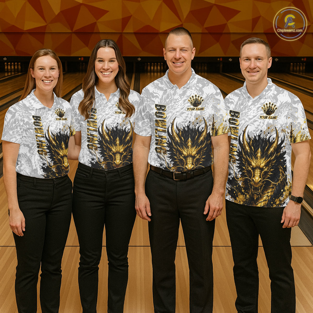 Splatter Black & Gold Bowling Polo & 1/4-Zip Shirt For Women Custom Gray Dragon Bowling Team Jersey NYN3269