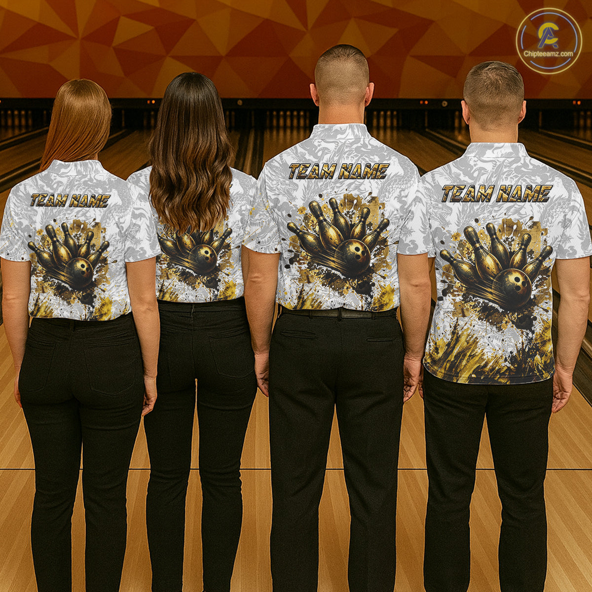 Splatter Black & Gold Bowling Polo & 1/4-Zip Shirt For Women Custom Gray Dragon Bowling Team Jersey NYN3269