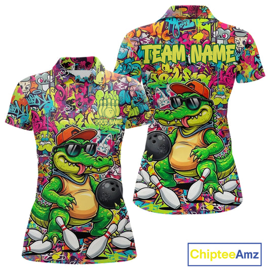 Funny Cool Crocodile Women Bowling Shirts Custom Green Graffiti Team Bowling Jersey For Bowlers NYN3271