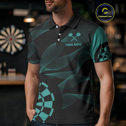 Turquoise Dartboard Waving Lines Darts Shirt For Men - Custom Name & Team Jersey NYN0586