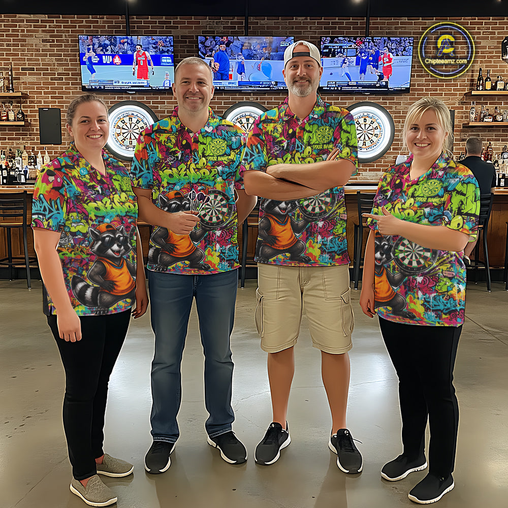 Men women darts team wearing Cool Raccoon custom dart uniforms, funny dart league jerseys