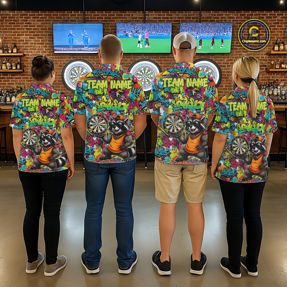 Men women darts team wearing Cool Raccoon custom dart uniforms, funny dart league jerseys