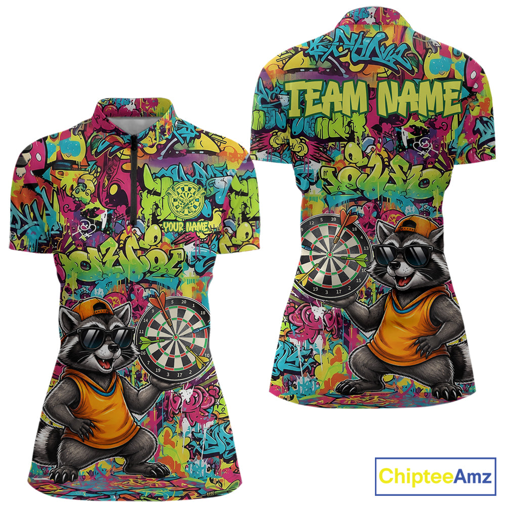 Cool Raccoon Dartboard Graffiti women's quarter zip darts shirt, custom funny dart team jersey, tournament darts apparel