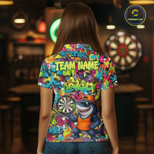 Load image into Gallery viewer, Female darts player wearing Cool Shark Dartboard Graffiti jersey during professional darts competition
