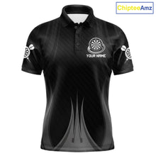 Load image into Gallery viewer, Black White Dartboard men's darts polo shirt, custom dart team jersey, personalized dartboard uniform, tournament darts apparel