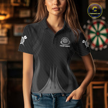 Load image into Gallery viewer, Female darts player wearing Black White Dartboard jersey during dart league and tournament competition