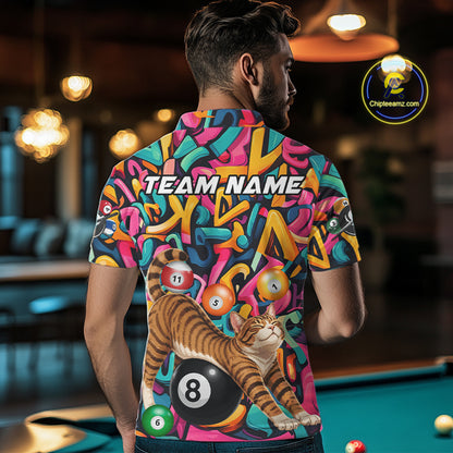Male model wearing Funny Cat Graffiti custom billiard polo featuring colorful 8 Ball artwork, personalized APA league shirt, BCA tournament jersey, cue sports apparel.