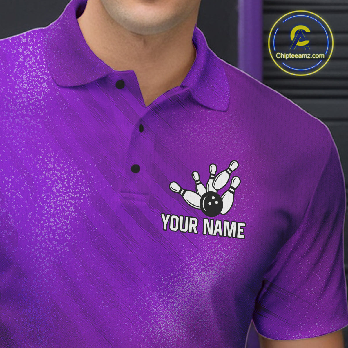 Male bowler wearing Purple bowling shirt featuring modern athletic design, victory mindset, team pride, personalized tournament apparel.
