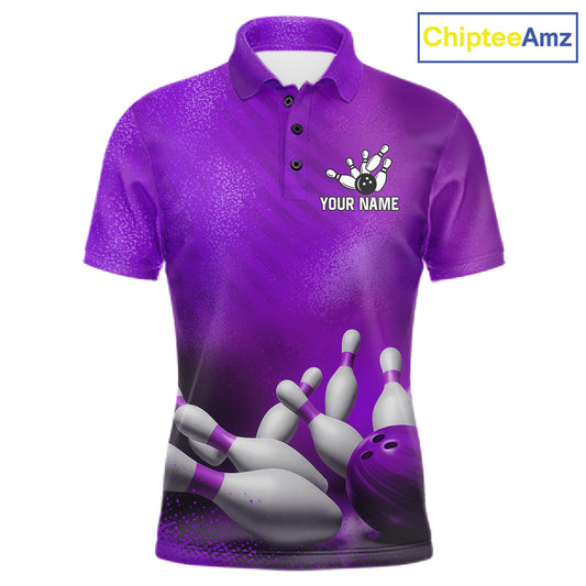 Custom Purple Bowling Polo featuring personalized team graphics, breathable athletic fabric, custom bowling jersey, performance sportswear, championship league apparel.