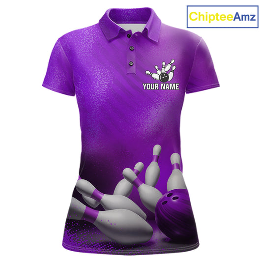 Custom Purple Bowling Polo featuring personalized player name, elegant purple bowling team graphics, moisture-wicking performance polo, custom bowling league apparel, athletic tournament sportswear, modern bowling uniform.