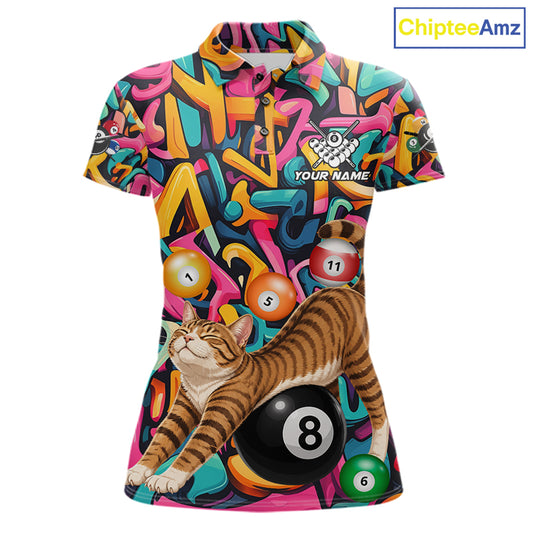 Custom women's Funny Cat Graffiti billiard polo shirt featuring colorful 8 Ball artwork, personalized pool league jersey, APA and BCA team apparel, custom billiard club shirt, moisture-wicking performance polo, fun cue sports clothing, gift for cat lovers and pool players.