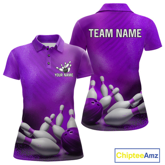 Custom Purple Bowling Polo featuring personalized player name, elegant purple bowling team graphics, moisture-wicking performance polo, custom bowling league apparel, athletic tournament sportswear, modern bowling uniform.