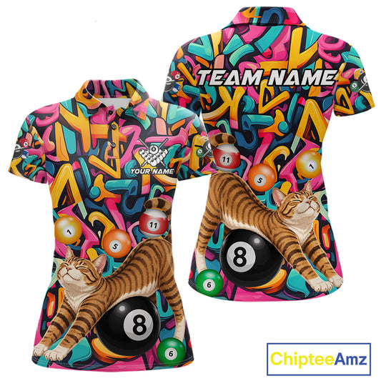 Custom women's Funny Cat Graffiti billiard polo shirt featuring colorful 8 Ball artwork, personalized pool league jersey, APA and BCA team apparel, custom billiard club shirt, moisture-wicking performance polo, fun cue sports clothing, gift for cat lovers and pool players.