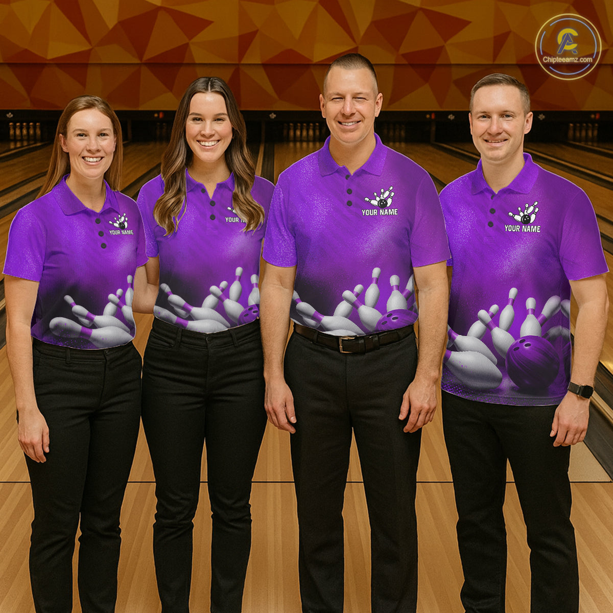 Professional bowling team wearing matching Purple jerseys with personalized names, league uniforms, teamwork, unity, excellence, championship sportswear, corporate bowling apparel.