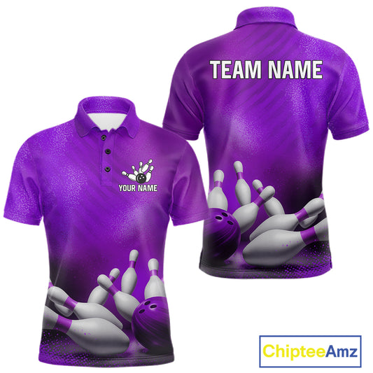 Custom Purple Bowling Polo featuring personalized team graphics, breathable athletic fabric, custom bowling jersey, performance sportswear, championship league apparel.