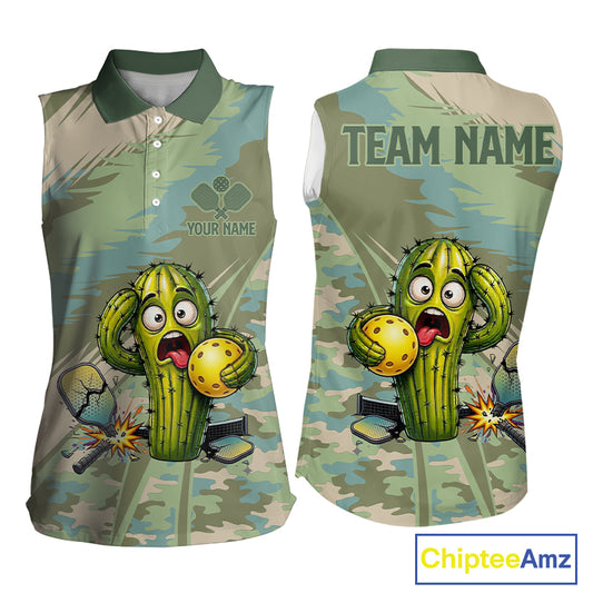 Custom Funny Green Pickles Play Pickleball Sleeveless Polo For Women, Pickleball Team Camouflage Attire NYN3105