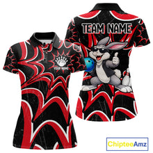 Load image into Gallery viewer, Funny Rabbit women's bowling polo shirt, personalized bowling team jersey, black red bowling apparel, bowling gift for women