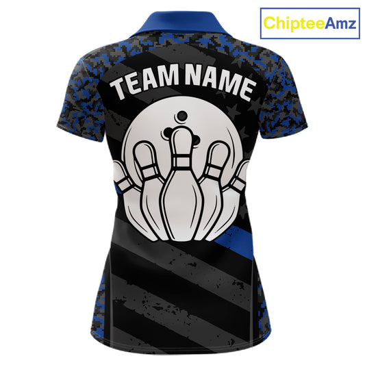 Grey Blue American Flag Women's Bowling Polo Shirt, Personalized Patriotic Bowling Team Jersey, Camo Performance Shirt, Bowling League Apparel, Veteran Tribute, Freedom & Unity