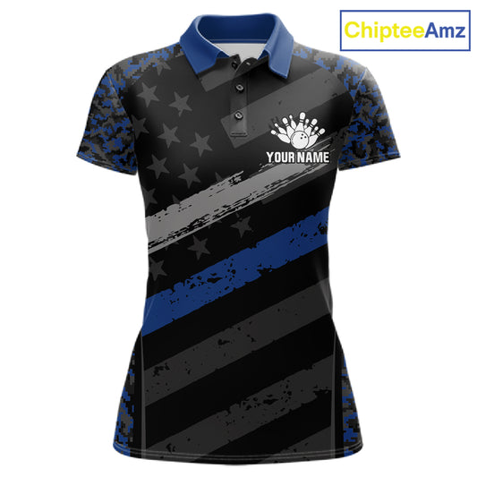 Grey Blue American Flag Women's Bowling Polo Shirt, Personalized Patriotic Bowling Team Jersey, Camo Performance Shirt, Bowling League Apparel, Veteran Tribute, Freedom & Unity