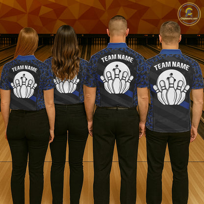 Bowling team wearing matching Grey Blue American Flag camo polo and quarter-zip jerseys, personalized patriotic league uniforms, teamwork, military support, freedom, unity, championship performance