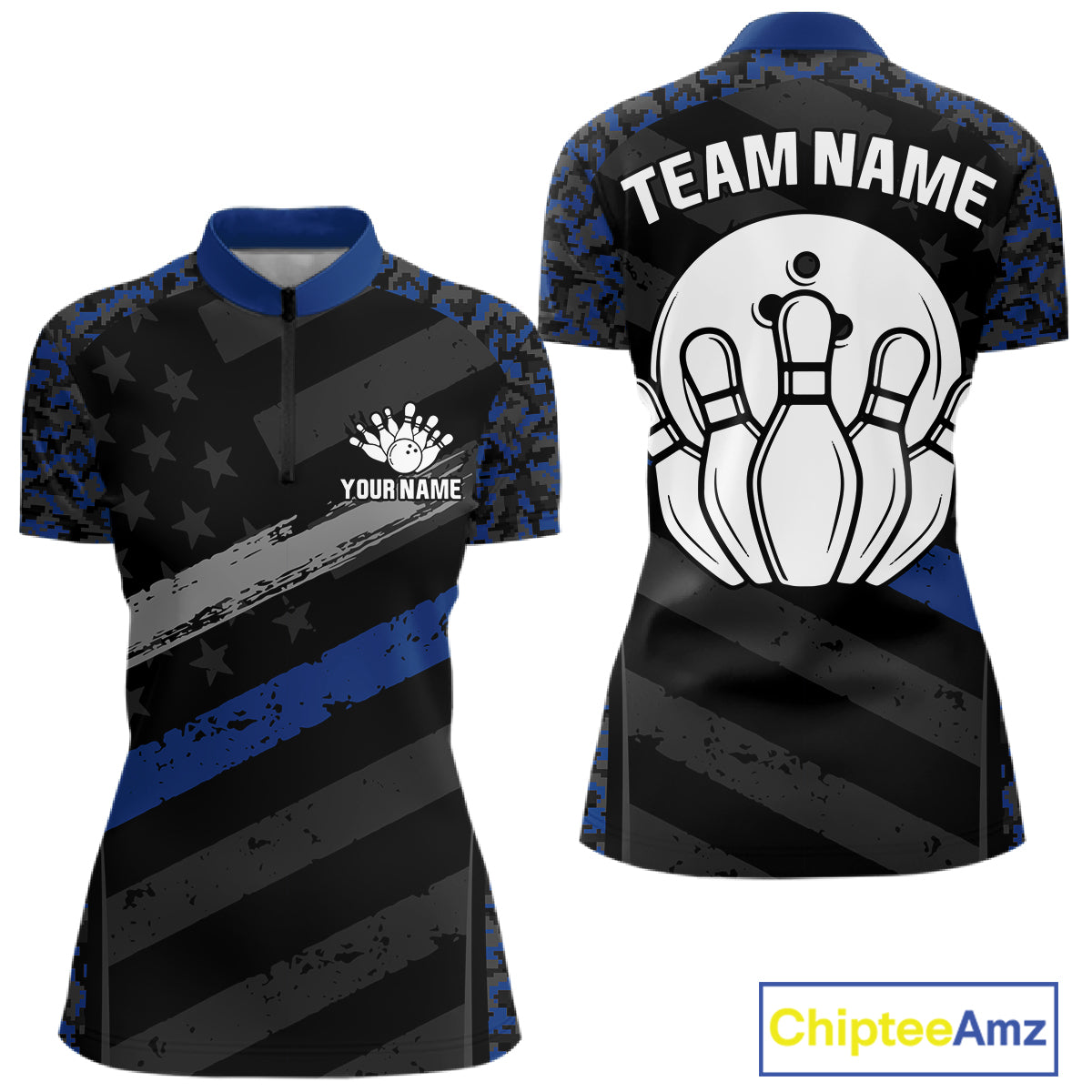 Grey Blue American Flag Women's Bowling Quarter-Zip Shirt, Personalized Camo Bowling Jersey, Patriotic Tournament Apparel, Athletic Performance Uniform