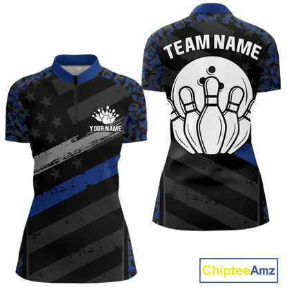 Grey Blue American Flag Women's Bowling Quarter-Zip Shirt, Personalized Camo Bowling Jersey, Patriotic Tournament Apparel, Athletic Performance Uniform