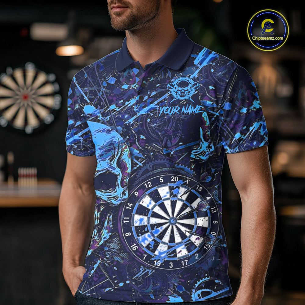 Male model wearing grunge blue purple skull custom darts polo shirt, personalized tournament jersey, gothic sports apparel, confidence, competitive precision and team identity