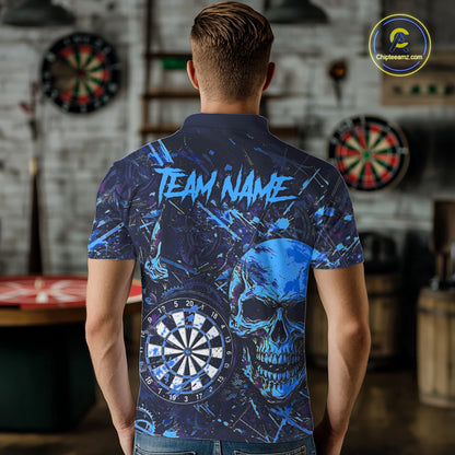 Male model wearing grunge blue purple skull custom darts polo shirt, personalized tournament jersey, gothic sports apparel, confidence, competitive precision and team identity
