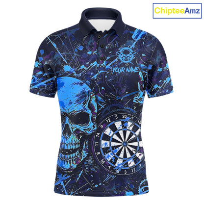 Grunge Blue Purple Horror Skull Men's Darts Polo Shirt, Personalized Splatter Team Jersey, Gothic Dart League Apparel, Custom Skull Performance Shirt, Strength, Fearless Spirit & Championship Energy