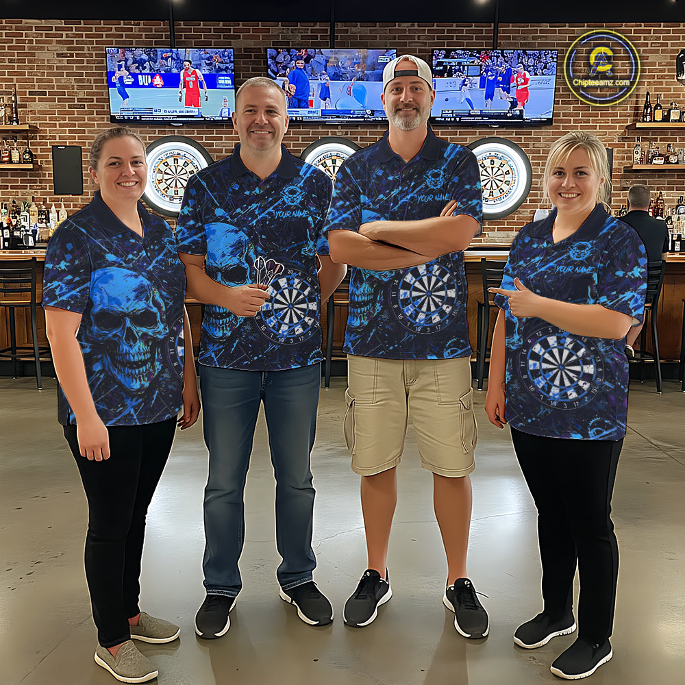 Darts team wearing matching grunge blue purple horror skull polo and quarter-zip jerseys, personalized tournament uniforms, gothic league apparel, fearless teamwork, competitive excellence