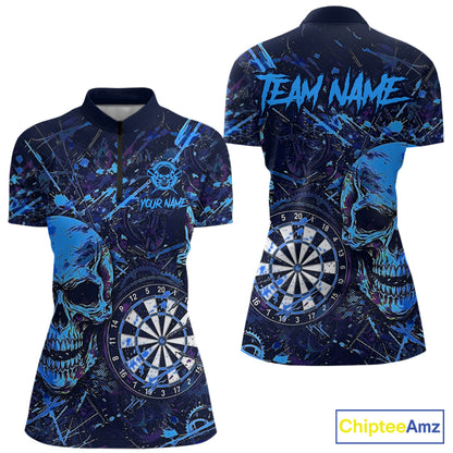 Grunge Blue Purple Skull Women's Quarter-Zip Darts Shirt, Personalized Horror Splatter Tournament Jersey, Gothic Performance Apparel, Competitive League Uniform, Fearless, Determination & Victory