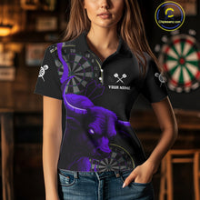 Load image into Gallery viewer, Purple Ferocious Bull Grunge Dartboard Women Polo Darts Shirt Custom Name &amp; Team Jersey NYN2005