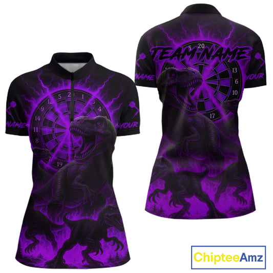 Custom Purple Flaming Dinosaurs Dartboard Quarter-Zip Dart Shirt For Women Dinosaur Dart Jerseys NYN2006