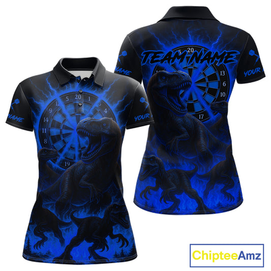 Custom Blue Flaming Dinosaurs Dartboard Polo Dart Shirt For Women Dinosaur Dart Jerseys NYN2007