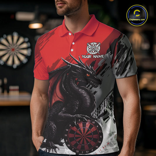 Red Grunge Dragon Dartboard Custom Men Darts Polo League Shirts Dragon Dart Jerseys NYN2239