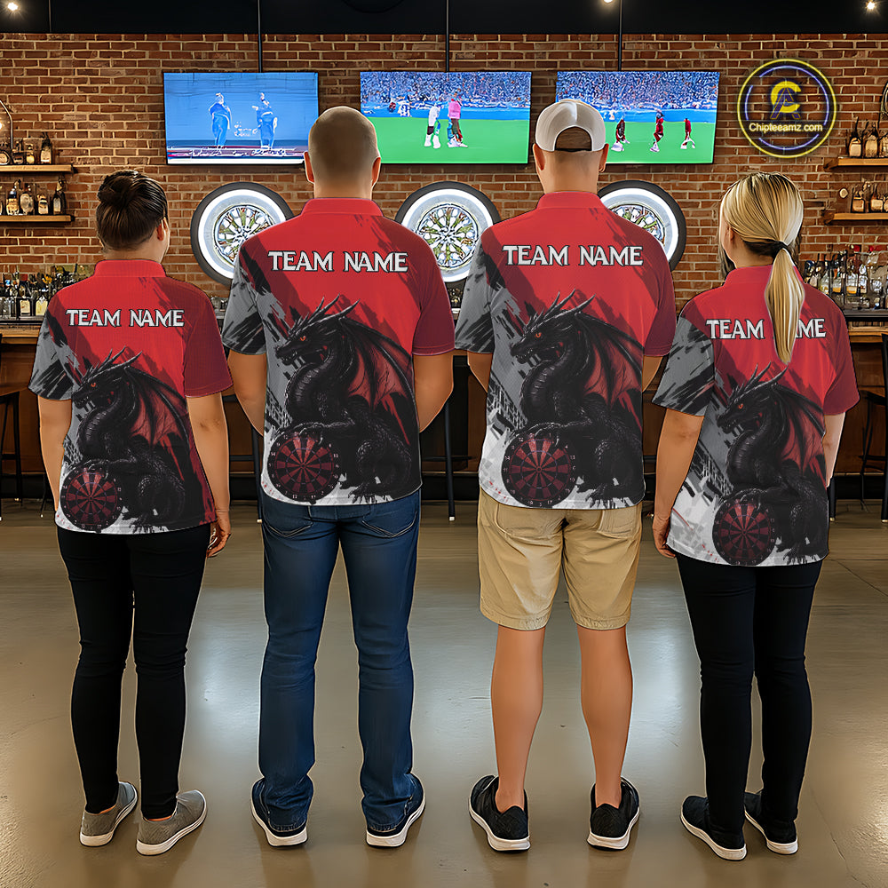 Red Grunge Dragon Dartboard Custom Men Darts Polo League Shirts Dragon Dart Jerseys NYN2239