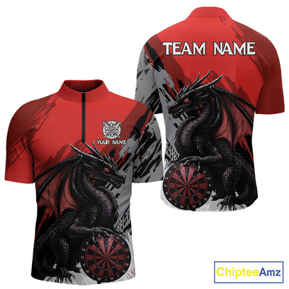 Red Grunge Dragon Dartboard Custom Men Darts Quarter-Zip League Shirts Dragon Dart Jerseys NYN2239