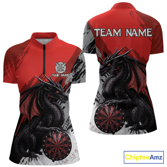 Red Grunge Dragon Dartboard Custom Women Darts Quarter-Zip League Shirts Dragon Dart Jerseys NYN2239