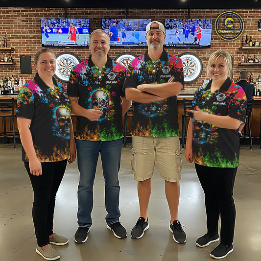 Custom Colorful Skull Dart Arrow Fire Flame Men Darts Quarter-Zip League Shirts Dart Jerseys NYN2242