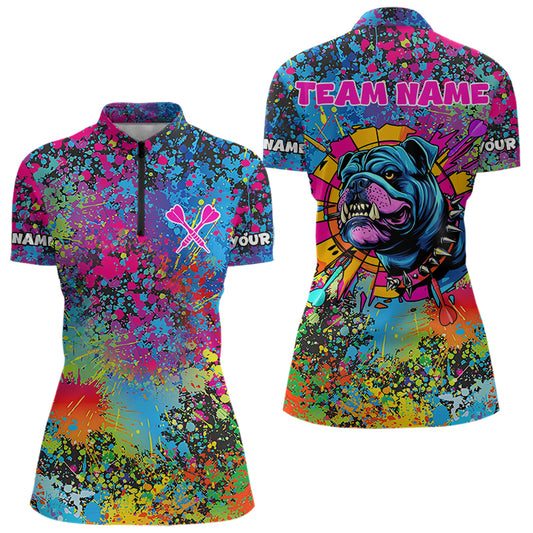 Custom Colorful Bulldog Funny Dart Shirts Polo & 1/4 Zip For Women, Dart Jerseys NYN0007