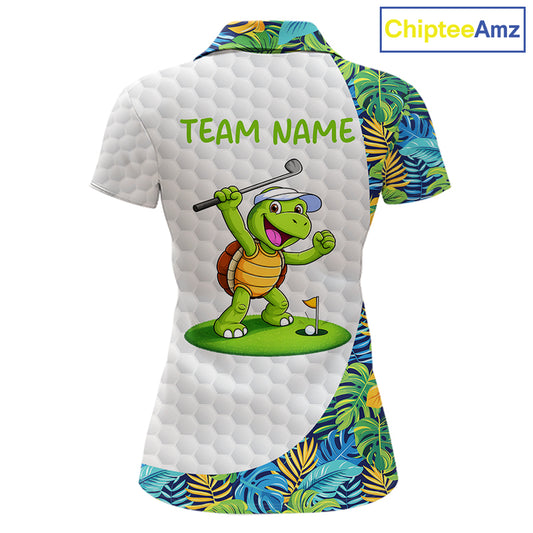 Golfing Turtle Womens Golf Polo Shirt Custom Tropical Pattern Monstera Golf Team Shirts NYN2907
