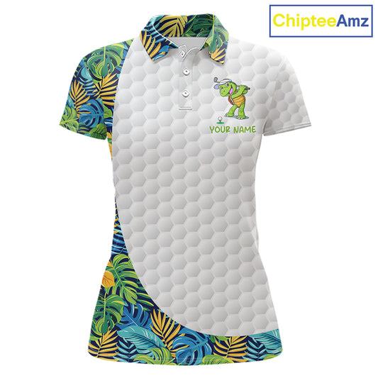 Golfing Turtle Womens Golf Polo Shirt Custom Tropical Pattern Monstera Golf Team Shirts NYN2907