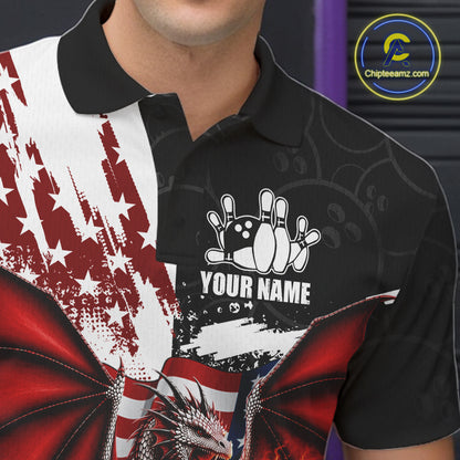 Red, White And Black US Flag Men Bowling Shirt Custom Patriotic Dragon Fire Flame Bowling Team Jersey NYN3276